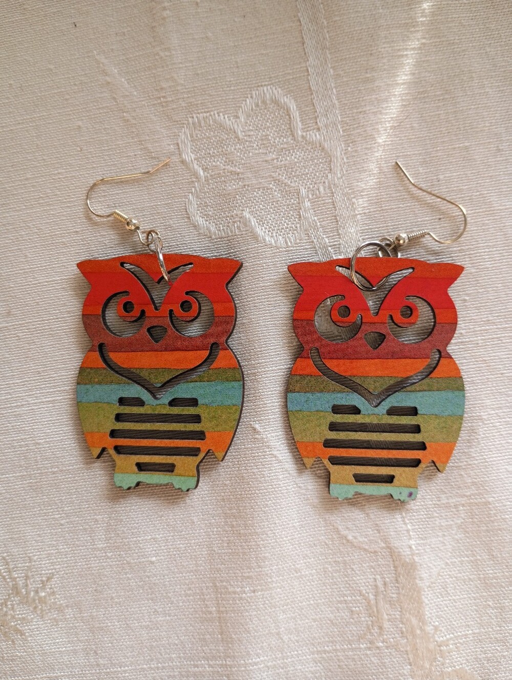 Striped Owl Wooden Laser Dangle Earrings - Red, Orange, Yellow, Green, Blue